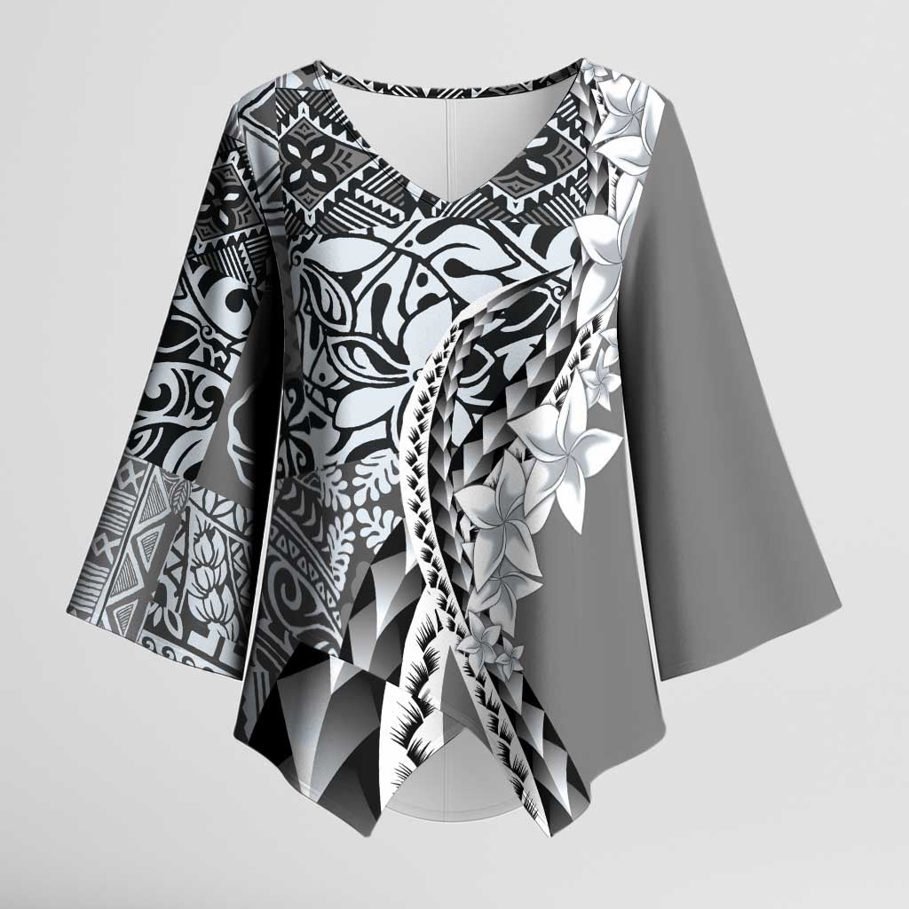 Aloha Vintage Plumeria Hawaiian Tapa Pattern Kimono Sleeve Blouse Gray Hawaiian Tapa Pattern LT9 Female Gray - Polynesian Pride