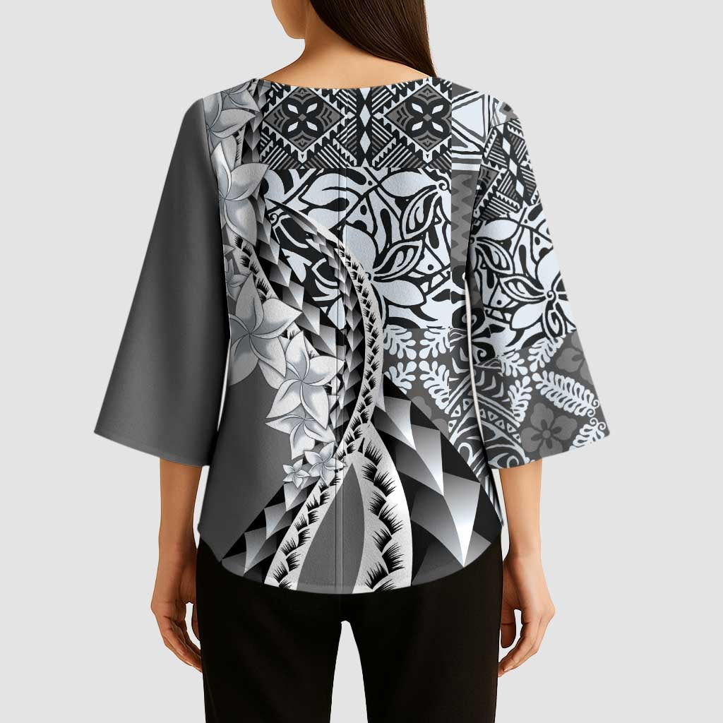 Aloha Vintage Plumeria Hawaiian Tapa Pattern Kimono Sleeve Blouse Gray Hawaiian Tapa Pattern LT9 - Polynesian Pride