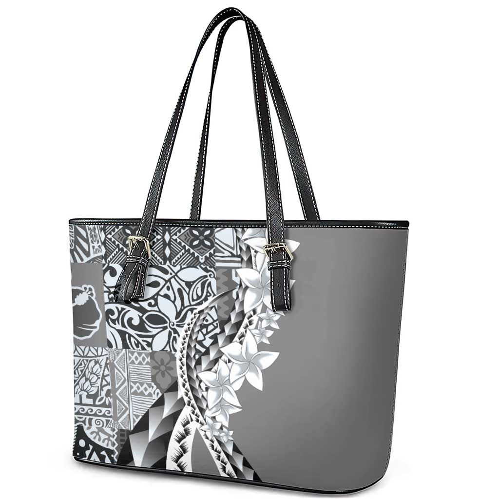 Aloha Vintage Plumeria Hawaiian Tapa Pattern Leather Tote Bag Gray Hawaiian Tapa Pattern - Polynesian Pride