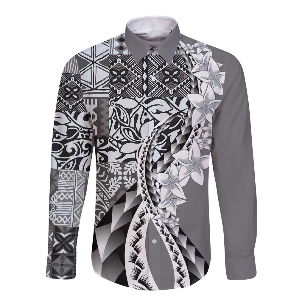 Aloha Vintage Plumeria Hawaiian Tapa Pattern Long Sleeve Button Shirt Gray Hawaiian Tapa Pattern LT9 Unisex Gray - Polynesian Pride