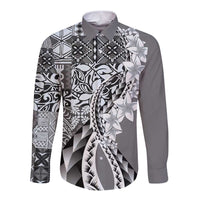 Aloha Vintage Plumeria Hawaiian Tapa Pattern Long Sleeve Button Shirt Gray Hawaiian Tapa Pattern LT9 Unisex Gray - Polynesian Pride