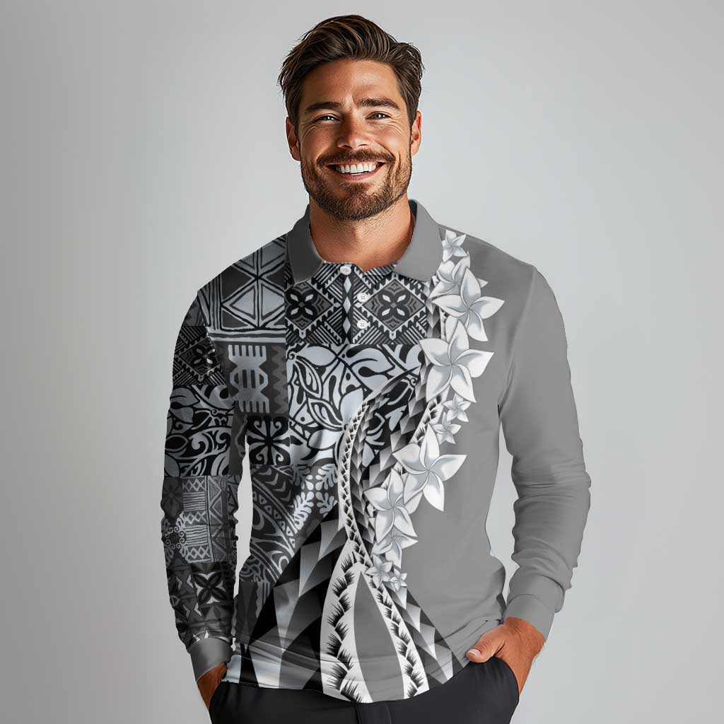 Aloha Vintage Plumeria Hawaiian Tapa Pattern Long Sleeve Polo Shirt Gray Hawaiian Tapa Pattern - Polynesian Pride