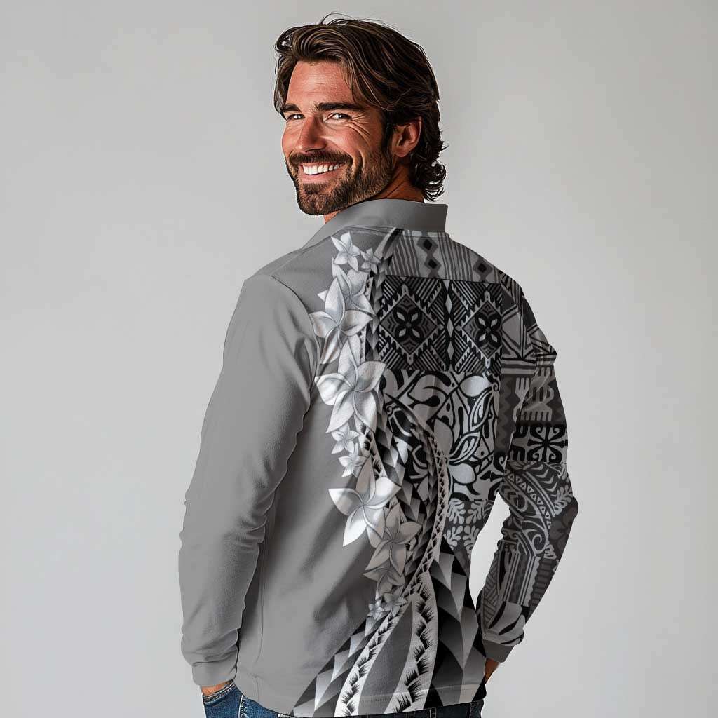 Aloha Vintage Plumeria Hawaiian Tapa Pattern Long Sleeve Polo Shirt Gray Hawaiian Tapa Pattern - Polynesian Pride