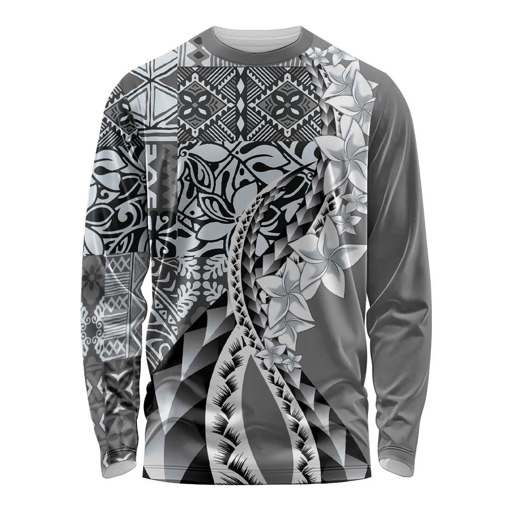 Aloha Vintage Plumeria Hawaiian Tapa Pattern Long Sleeve Shirt Gray Hawaiian Tapa Pattern LT9 Unisex Gray - Polynesian Pride