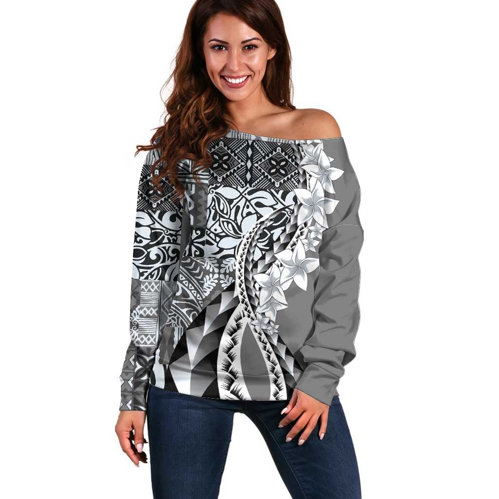Aloha Vintage Plumeria Hawaiian Tapa Pattern Off Shoulder Sweater Gray Hawaiian Tapa Pattern - Polynesian Pride