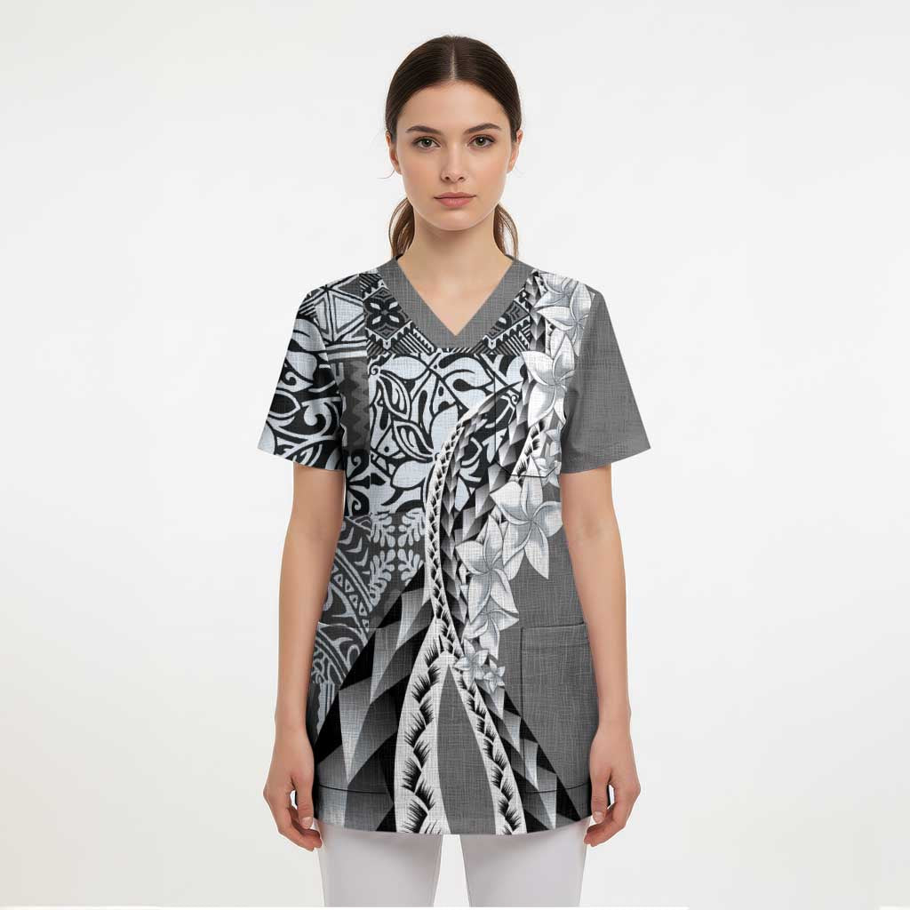 Aloha Vintage Plumeria Hawaiian Tapa Pattern Scrub Top Gray Hawaiian Tapa Pattern - Polynesian Pride
