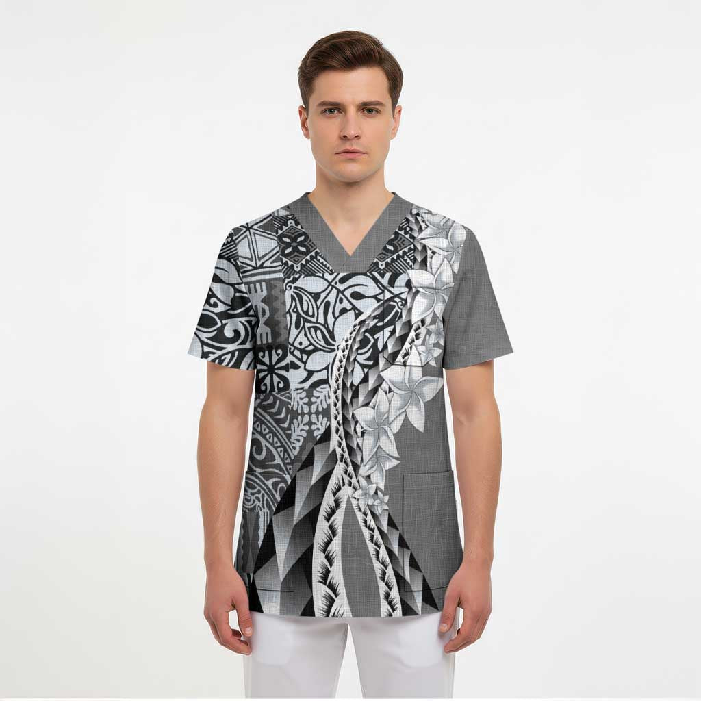 Aloha Vintage Plumeria Hawaiian Tapa Pattern Scrub Top Gray Hawaiian Tapa Pattern - Polynesian Pride