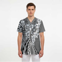 Aloha Vintage Plumeria Hawaiian Tapa Pattern Scrub Top Gray Hawaiian Tapa Pattern - Polynesian Pride