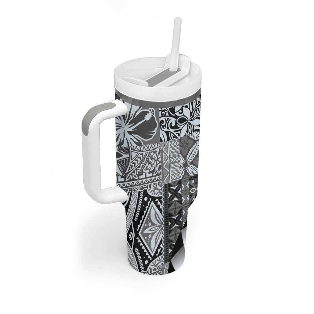 Aloha Vintage Plumeria Hawaiian Tapa Pattern Tumbler With Handle Gray Hawaiian Tapa Pattern - Polynesian Pride