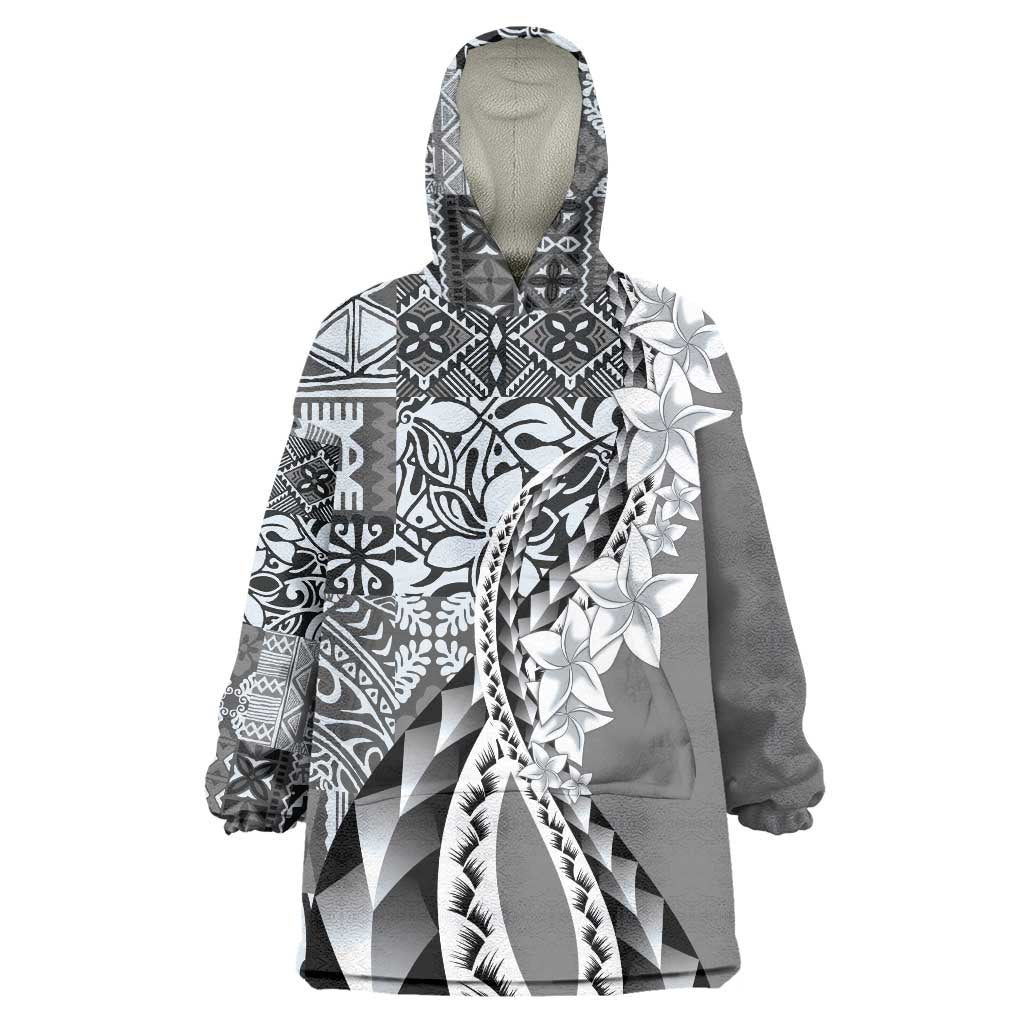 Aloha Vintage Plumeria Hawaiian Tapa Pattern Wearable Blanket Hoodie Gray Hawaiian Tapa Pattern LT9 One Size Gray - Polynesian Pride