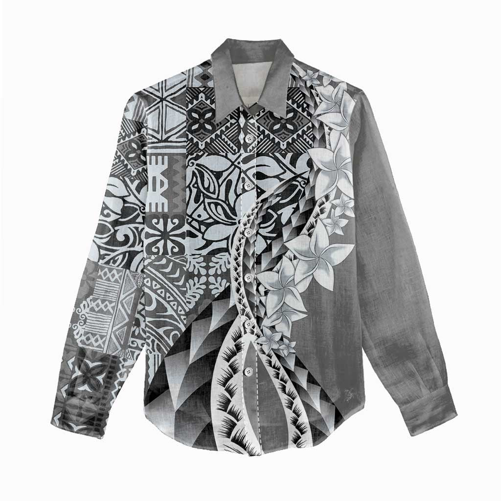 Aloha Vintage Plumeria Hawaiian Tapa Pattern Women Casual Shirt Gray Hawaiian Tapa Pattern - Polynesian Pride