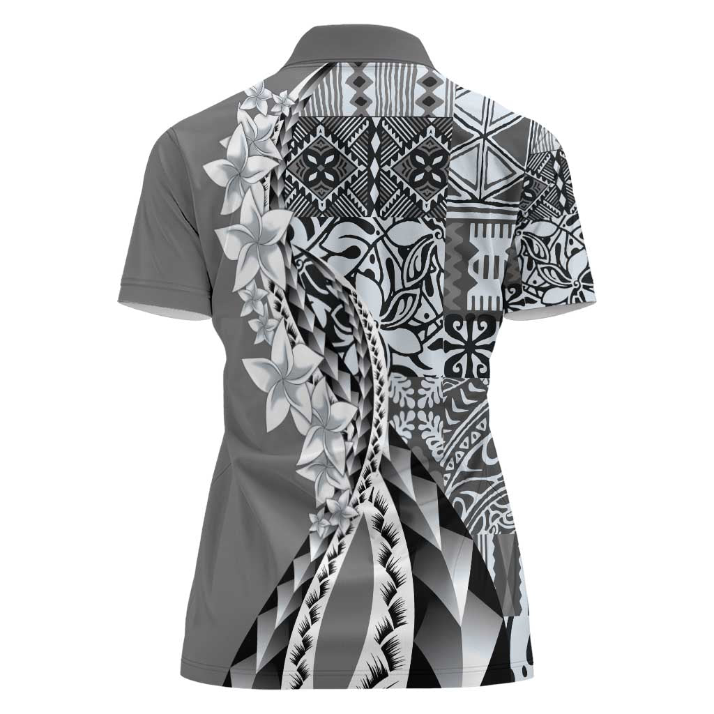 Aloha Vintage Plumeria Hawaiian Tapa Pattern Women Polo Shirt Gray Hawaiian Tapa Pattern - Polynesian Pride