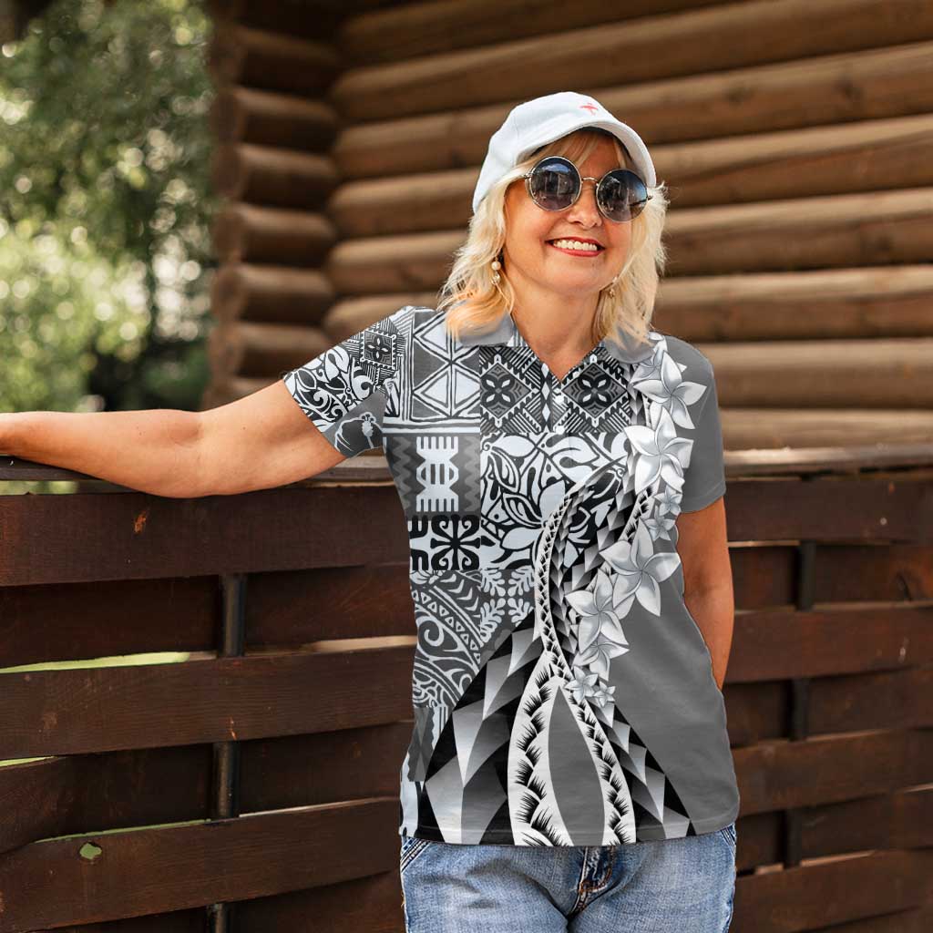 Aloha Vintage Plumeria Hawaiian Tapa Pattern Women Polo Shirt Gray Hawaiian Tapa Pattern - Polynesian Pride