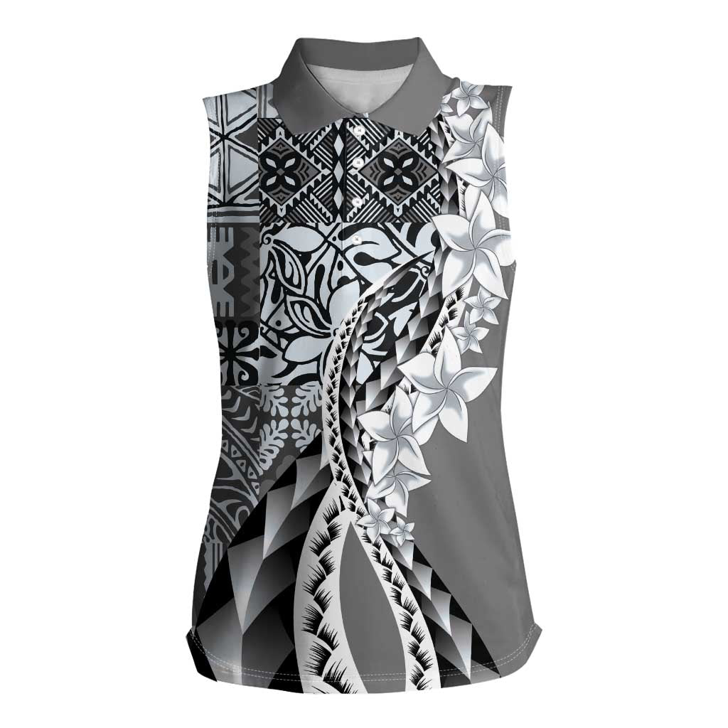 Aloha Vintage Plumeria Hawaiian Tapa Pattern Women Sleeveless Polo Shirt Gray Hawaiian Tapa Pattern - Polynesian Pride