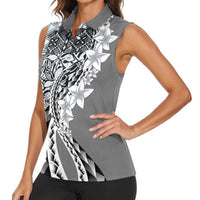 Aloha Vintage Plumeria Hawaiian Tapa Pattern Women Sleeveless Polo Shirt Gray Hawaiian Tapa Pattern - Polynesian Pride