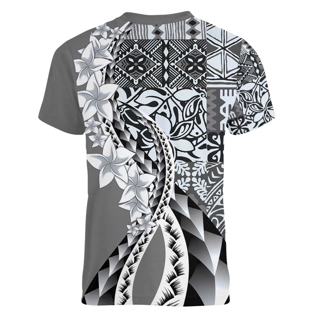 Aloha Vintage Plumeria Hawaiian Tapa Pattern Women V-Neck T-Shirt Gray Hawaiian Tapa Pattern - Polynesian Pride