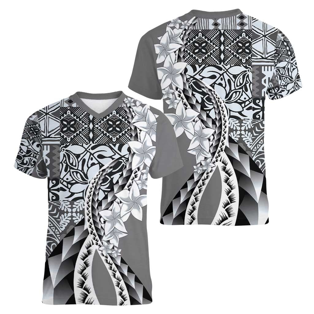 Aloha Vintage Plumeria Hawaiian Tapa Pattern Women V-Neck T-Shirt Gray Hawaiian Tapa Pattern - Polynesian Pride
