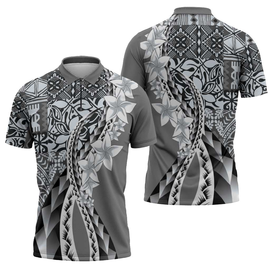 Aloha Vintage Plumeria Hawaiian Tapa Pattern Zipper Polo Shirt Gray Hawaiian Tapa Pattern - Polynesian Pride