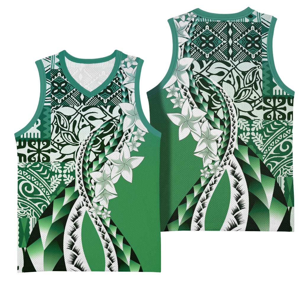 Aloha Vintage Plumeria Hawaiian Tapa Pattern Basketball Jersey Green Hawaiian Tapa Pattern LT9 - Polynesian Pride