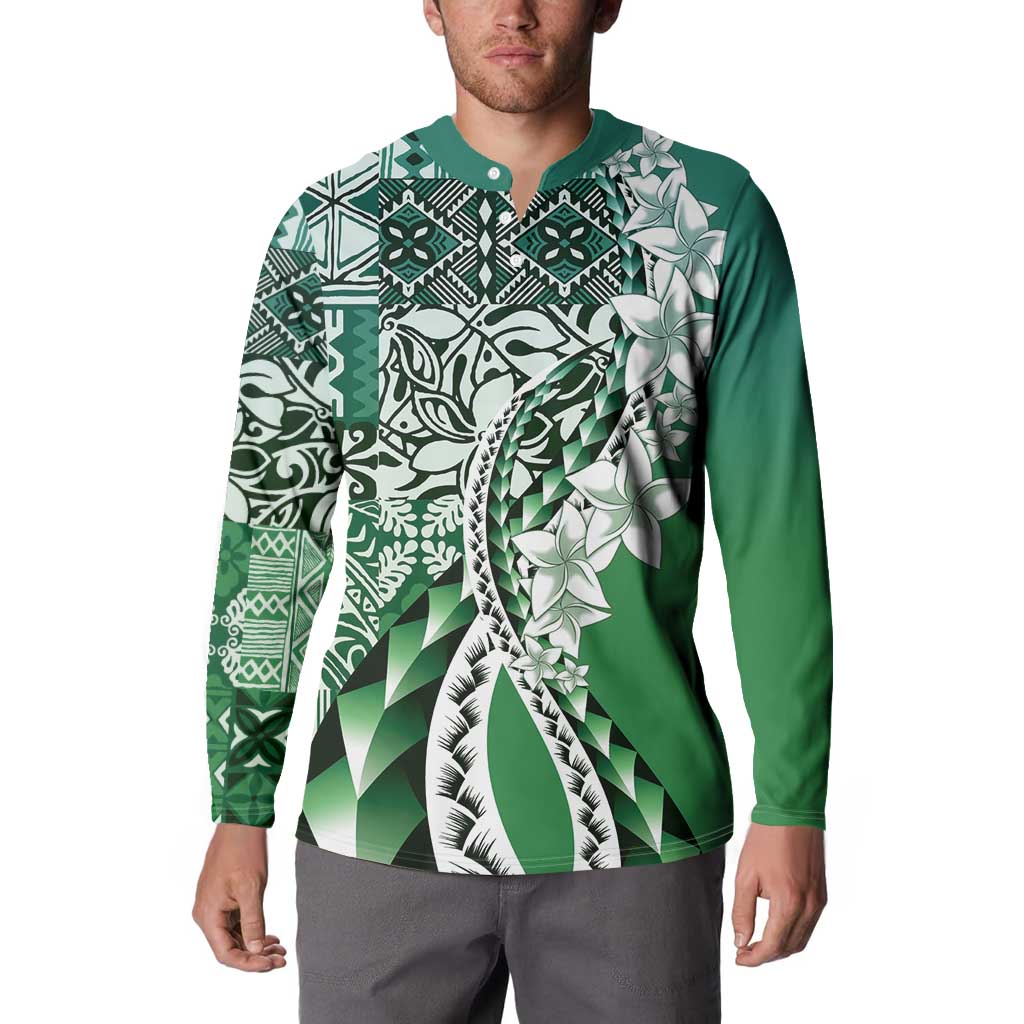 Aloha Vintage Plumeria Hawaiian Tapa Pattern Button Sweatshirt Green Hawaiian Tapa Pattern LT9 - Polynesian Pride