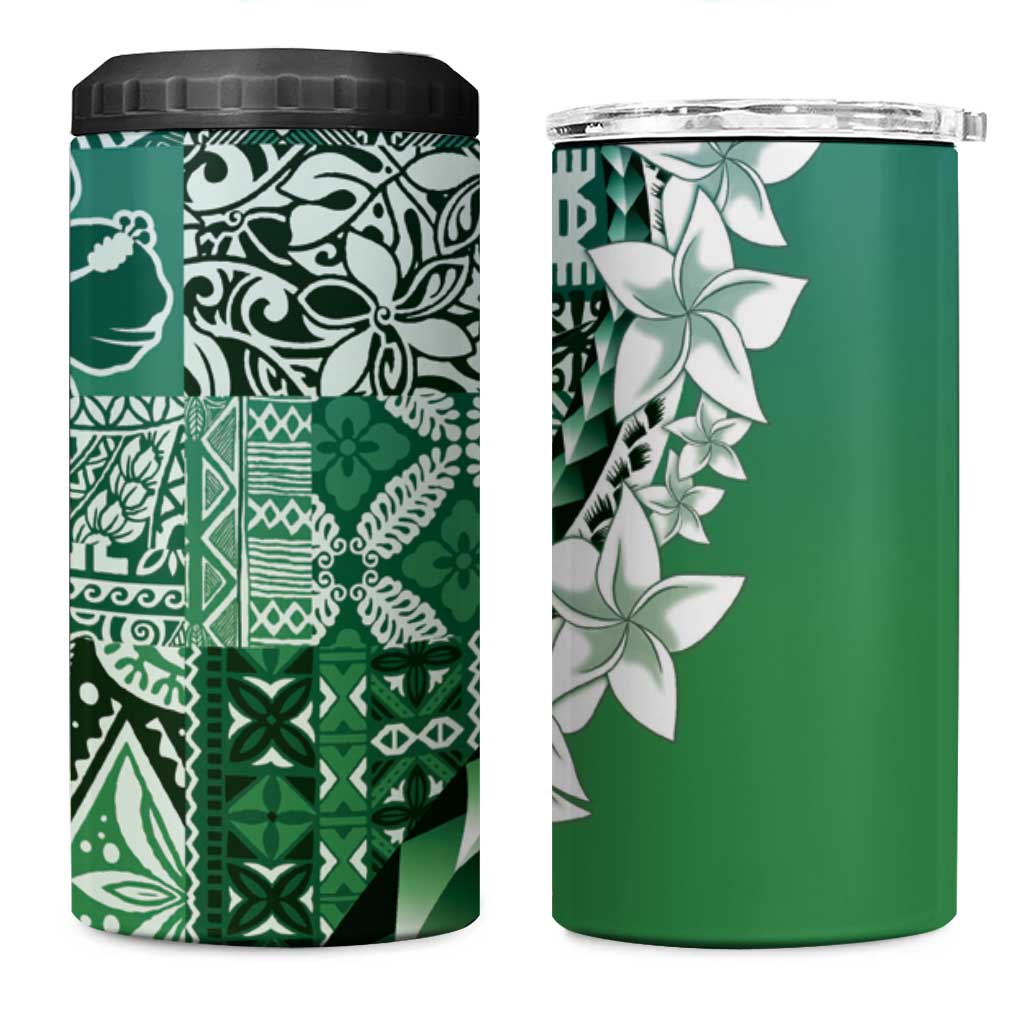 Aloha Vintage Plumeria Hawaiian Tapa Pattern 4 in 1 Can Cooler Tumbler Green Hawaiian Tapa Pattern - Polynesian Pride