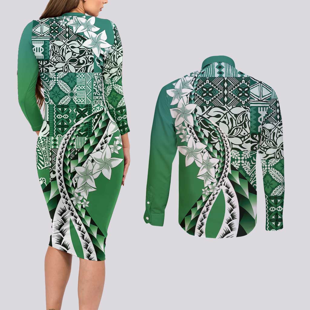 Aloha Vintage Plumeria Hawaiian Tapa Pattern Couples Matching Long Sleeve Bodycon Dress and Long Sleeve Button Shirt Green Hawaiian Tapa Pattern - Polynesian Pride