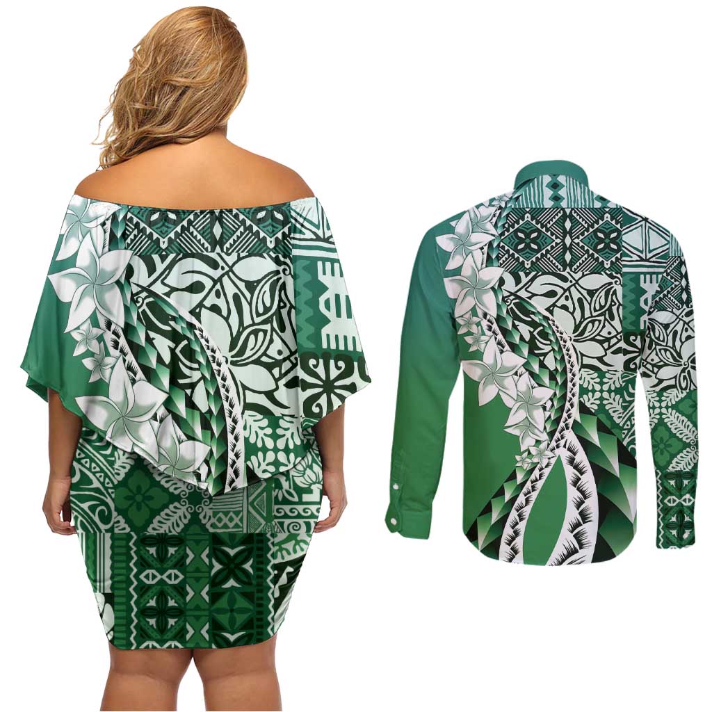 Aloha Vintage Plumeria Hawaiian Tapa Pattern Couples Matching Off Shoulder Short Dress and Long Sleeve Button Shirt Green Hawaiian Tapa Pattern - Polynesian Pride