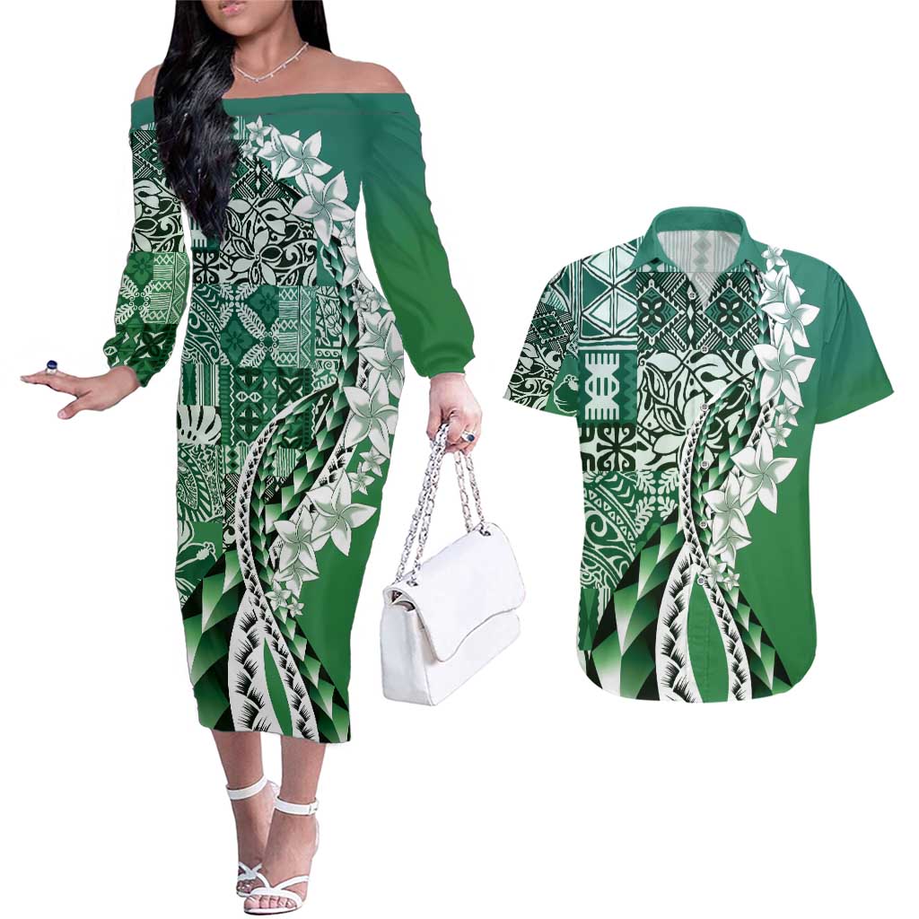 Aloha Vintage Plumeria Hawaiian Tapa Pattern Couples Matching Off The Shoulder Long Sleeve Dress and Hawaiian Shirt Green Hawaiian Tapa Pattern - Polynesian Pride
