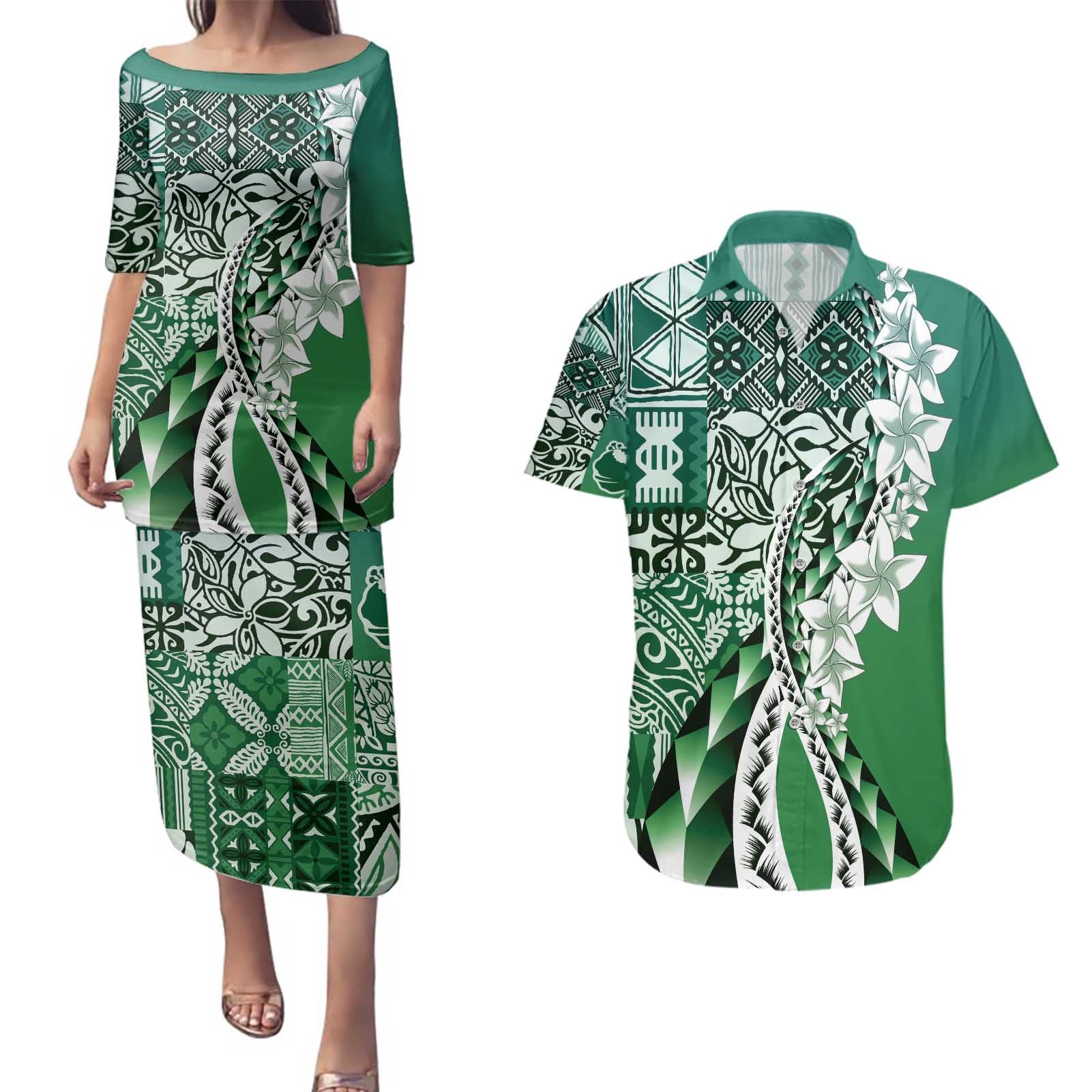 Aloha Vintage Plumeria Hawaiian Tapa Pattern Couples Matching Puletasi and Hawaiian Shirt Green Hawaiian Tapa Pattern - Polynesian Pride