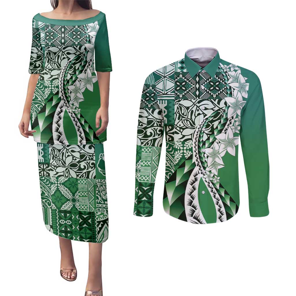 Aloha Vintage Plumeria Hawaiian Tapa Pattern Couples Matching Puletasi and Long Sleeve Button Shirt Green Hawaiian Tapa Pattern LT9 Green - Polynesian Pride