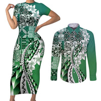 Aloha Vintage Plumeria Hawaiian Tapa Pattern Couples Matching Short Sleeve Bodycon Dress and Long Sleeve Button Shirt Green Hawaiian Tapa Pattern - Polynesian Pride