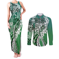 Aloha Vintage Plumeria Hawaiian Tapa Pattern Couples Matching Tank Maxi Dress and Long Sleeve Button Shirt Green Hawaiian Tapa Pattern - Polynesian Pride