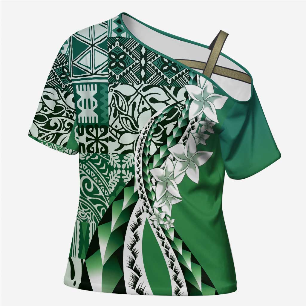 Aloha Vintage Plumeria Hawaiian Tapa Pattern Cross Shoulder Shirt Green Hawaiian Tapa Pattern LT9 Female Green - Polynesian Pride