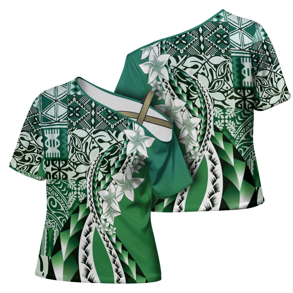 Aloha Vintage Plumeria Hawaiian Tapa Pattern Cross Shoulder Shirt Green Hawaiian Tapa Pattern LT9 - Polynesian Pride