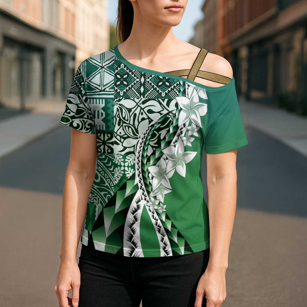 Aloha Vintage Plumeria Hawaiian Tapa Pattern Cross Shoulder Shirt Green Hawaiian Tapa Pattern LT9 - Polynesian Pride