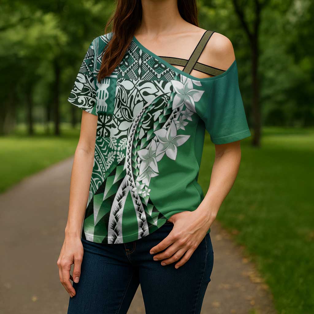 Aloha Vintage Plumeria Hawaiian Tapa Pattern Cross Shoulder Shirt Green Hawaiian Tapa Pattern LT9 - Polynesian Pride