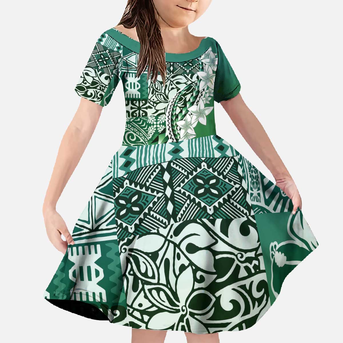 Aloha Vintage Plumeria Hawaiian Tapa Pattern Family Matching Off The Shoulder Long Sleeve Dress and Hawaiian Shirt Green Hawaiian Tapa Pattern - Polynesian Pride