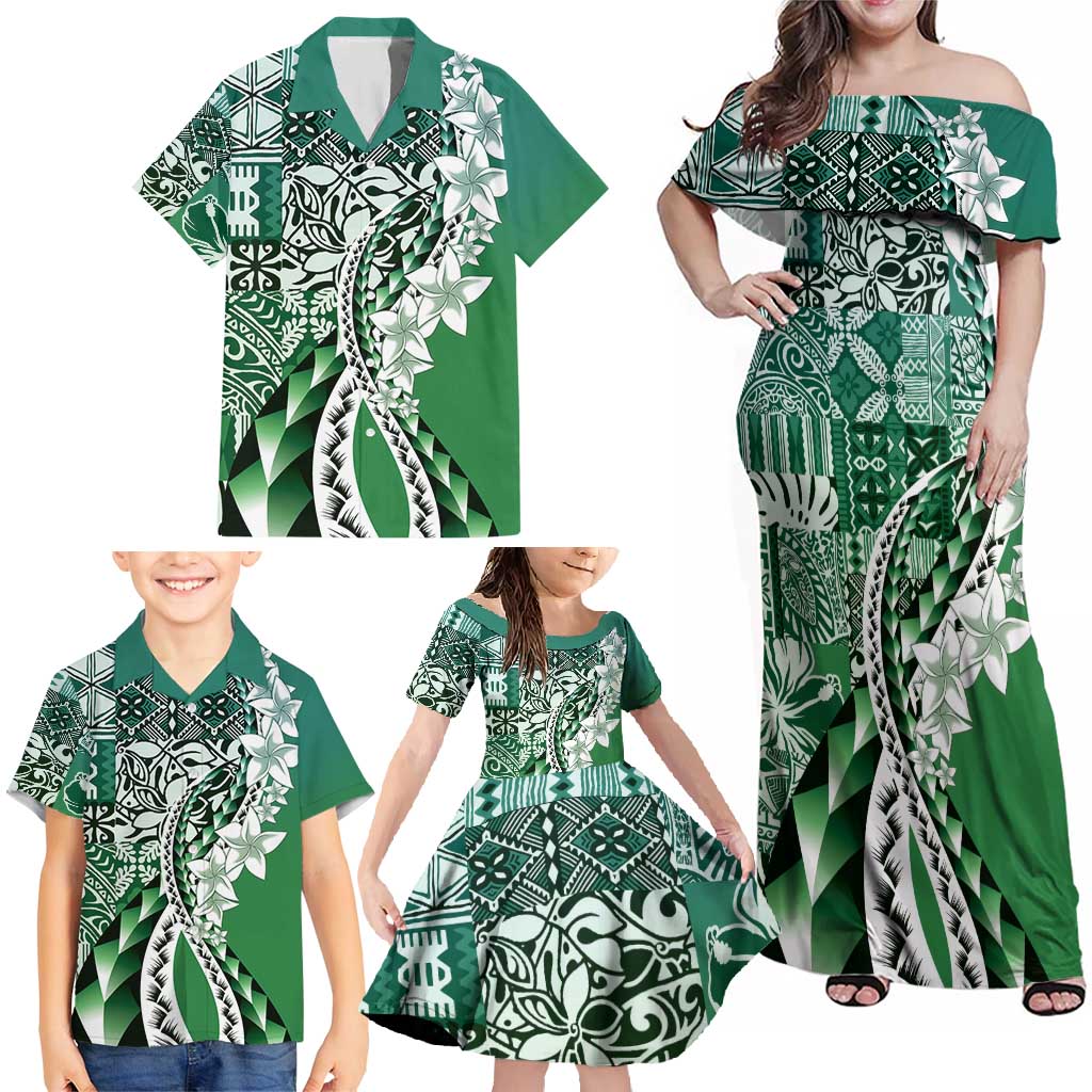Aloha Vintage Plumeria Hawaiian Tapa Pattern Family Matching Off Shoulder Maxi Dress and Hawaiian Shirt Green Hawaiian Tapa Pattern - Polynesian Pride