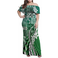 Aloha Vintage Plumeria Hawaiian Tapa Pattern Family Matching Off Shoulder Maxi Dress and Hawaiian Shirt Green Hawaiian Tapa Pattern - Polynesian Pride