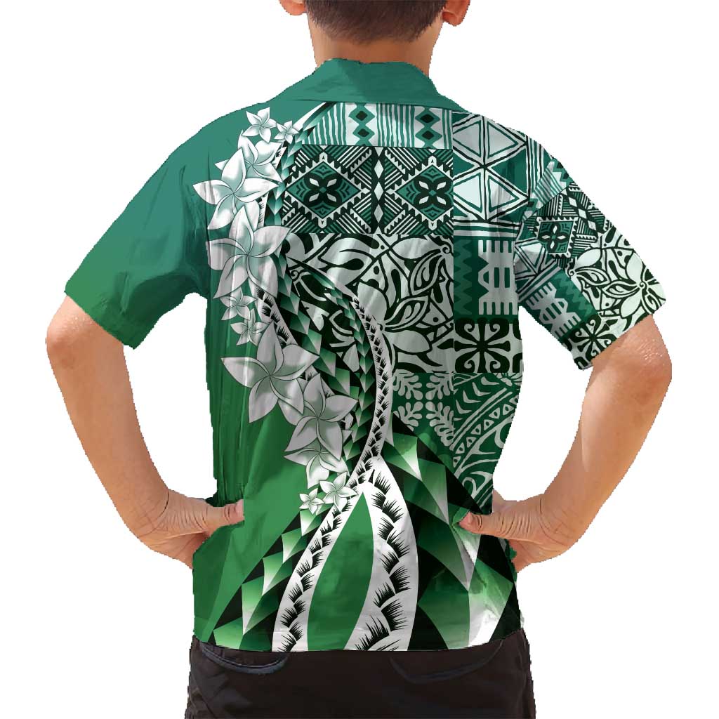 Aloha Vintage Plumeria Hawaiian Tapa Pattern Family Matching Off Shoulder Short Dress and Hawaiian Shirt Green Hawaiian Tapa Pattern - Polynesian Pride