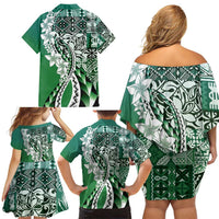 Aloha Vintage Plumeria Hawaiian Tapa Pattern Family Matching Off Shoulder Short Dress and Hawaiian Shirt Green Hawaiian Tapa Pattern - Polynesian Pride