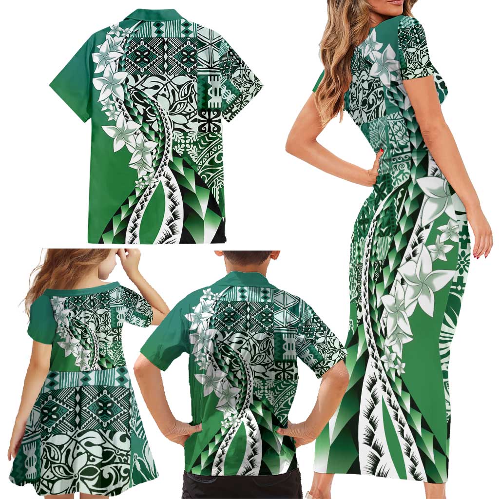 Aloha Vintage Plumeria Hawaiian Tapa Pattern Family Matching Short Sleeve Bodycon Dress and Hawaiian Shirt Green Hawaiian Tapa Pattern - Polynesian Pride