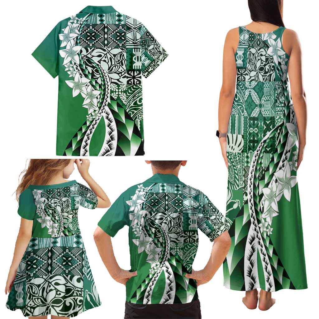 Aloha Vintage Plumeria Hawaiian Tapa Pattern Family Matching Tank Maxi Dress and Hawaiian Shirt Green Hawaiian Tapa Pattern - Polynesian Pride