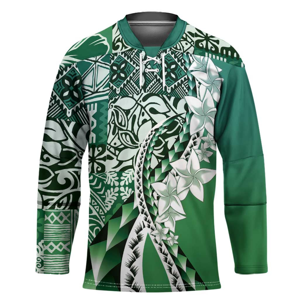 Aloha Vintage Plumeria Hawaiian Tapa Pattern Hockey Jersey Green Hawaiian Tapa Pattern LT9 Unisex Green - Polynesian Pride
