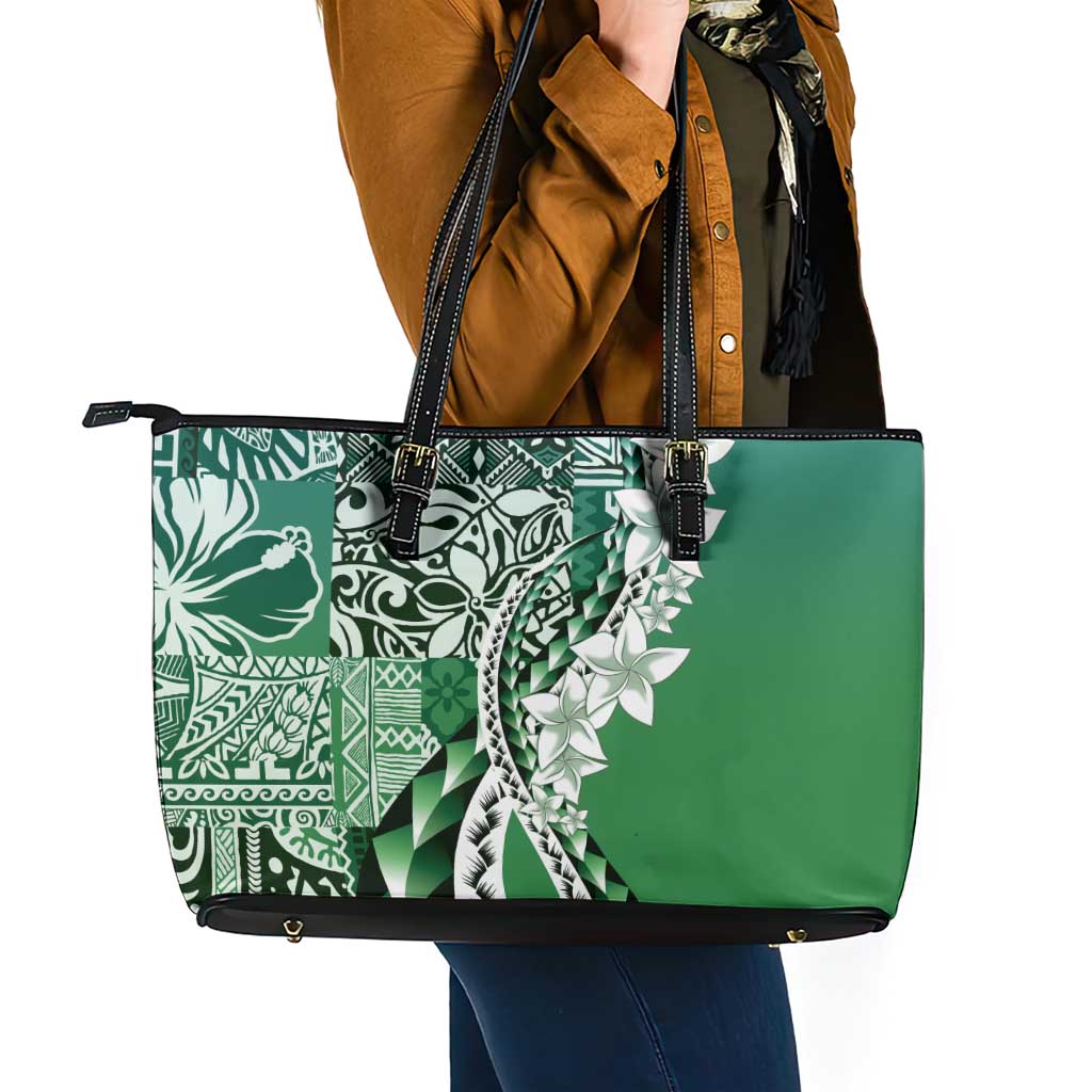 Aloha Vintage Plumeria Hawaiian Tapa Pattern Leather Tote Bag Green Hawaiian Tapa Pattern - Polynesian Pride