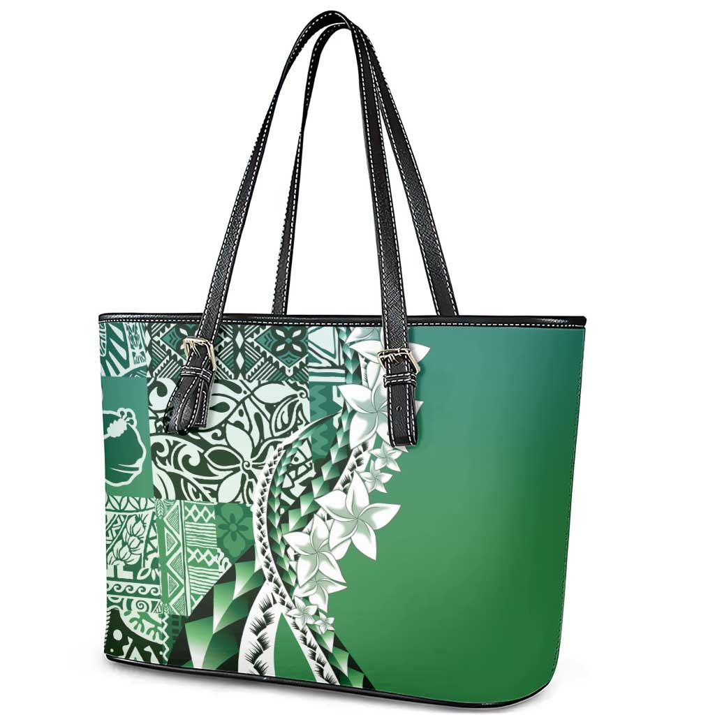 Aloha Vintage Plumeria Hawaiian Tapa Pattern Leather Tote Bag Green Hawaiian Tapa Pattern - Polynesian Pride