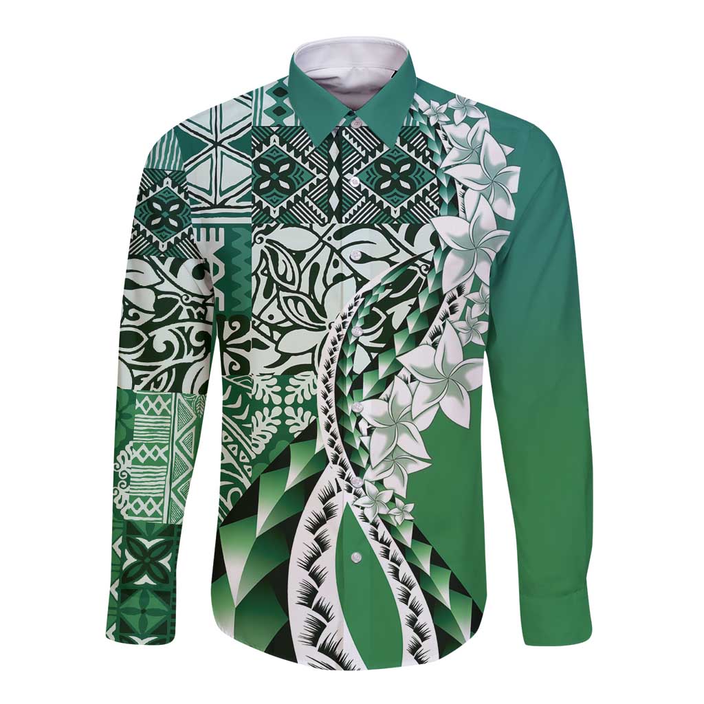Aloha Vintage Plumeria Hawaiian Tapa Pattern Long Sleeve Button Shirt Green Hawaiian Tapa Pattern LT9 Unisex Green - Polynesian Pride