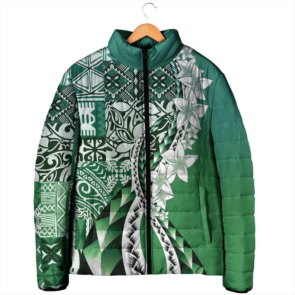 Aloha Vintage Plumeria Hawaiian Tapa Pattern Padded Jacket Green Hawaiian Tapa Pattern LT9 - Polynesian Pride
