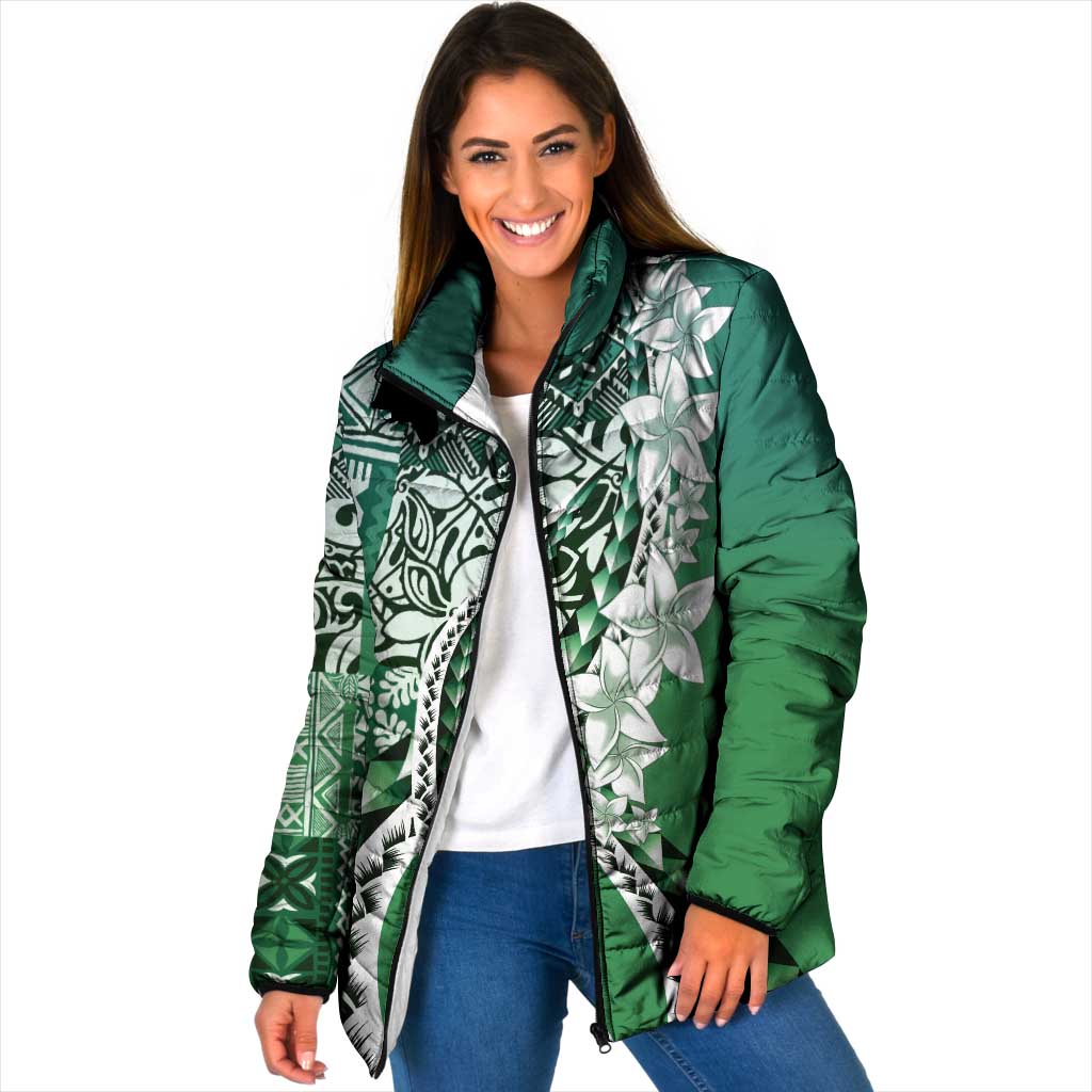 Aloha Vintage Plumeria Hawaiian Tapa Pattern Padded Jacket Green Hawaiian Tapa Pattern LT9 Women Green - Polynesian Pride