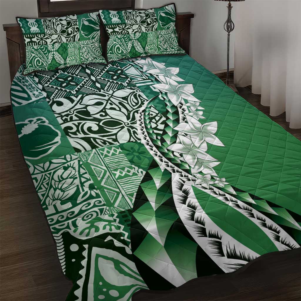 Aloha Vintage Plumeria Hawaiian Tapa Pattern Quilt Bed Set Green Hawaiian Tapa Pattern - Polynesian Pride